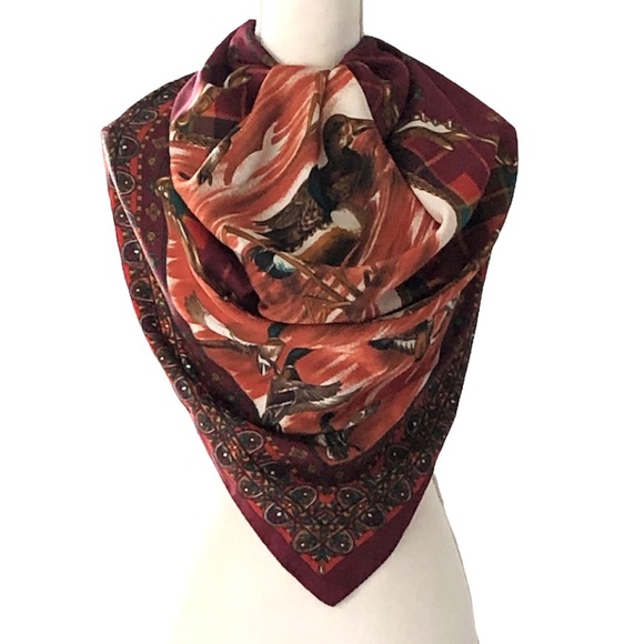 The Art of the Scarf / Tie Rack Accessories - Tie Rack Vintage Burgundy & Orange Scarf with Duck Pattern - 34” Square